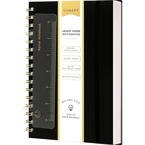 Graph Paper Spiral Notebook A5 Graphing Notebook 160 Pages Graph Paper Notebook Spiral Bound Waterproof Plastic Hardcover Spiral Journal 5x7 Grid Notebooks for Note Taking,Black