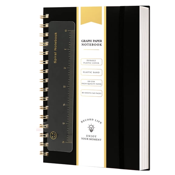 Graph Paper Spiral Notebook A5 Size Graphing Journal 160 Pages Grid Paper Notebook Spiral Bound Waterproof Cover Plastic Hardcover 5x7 Grid Composition Book for Note Taking and Sketching, Black