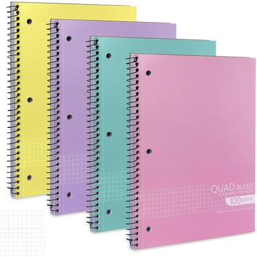 Graph Paper Spiral Notebook - Graph Paper Notebook, Quad Ruled Grid Notebooks, Perforated Pages - 10.5 X 8 Inches - 1 Subject Wirebound Notebook - Assorted Colors - 100 Sheets per Book - (4 Pack)