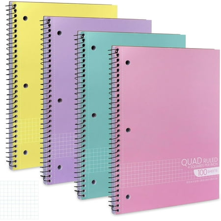 Graph Paper Spiral Notebook - Graph Paper Notebook, Quad Ruled Grid Notebooks, Perforated Pages - 10.5 X 8 Inches - 1 Subject Wirebound Notebook - Assorted Colors - 100 Sheets per Book - (4 Pack)