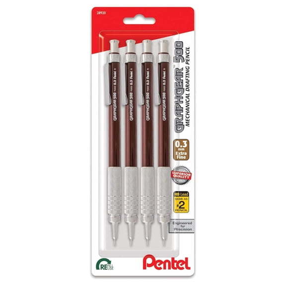 Pentel GraphGear 500 Mechanical Pencil, 0.3mm, 4-pk