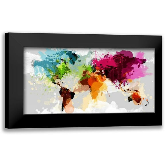 GraphINC 14x9 Black Modern Framed Museum Art Print Titled - Colourful World Map