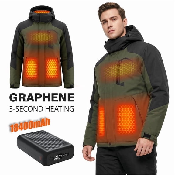 Graphene Men Heated Jacket 7.4V Battery Pack Fleece Lined Charger Electric Warming Coat USB Puffer Heating Apparel Clothes Camping Hiking Snow Ski Gear Dad Men Christmas Gifts