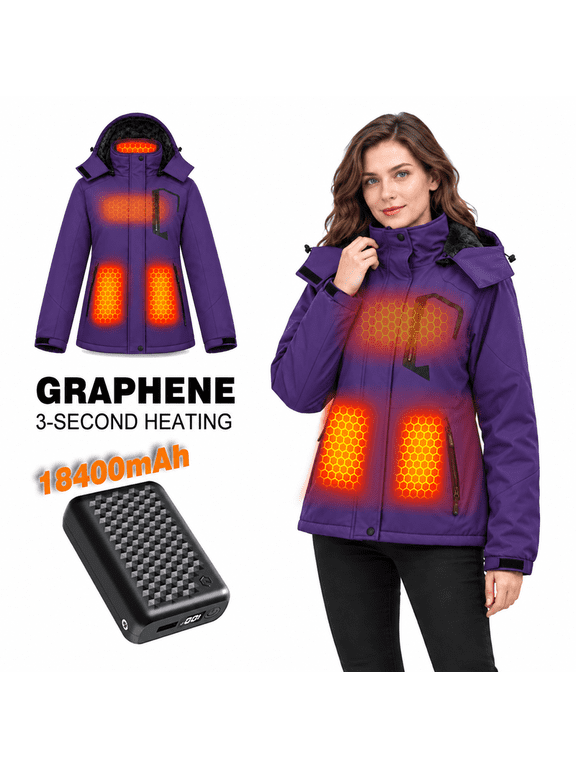 Graphene Women Heated Jacket 12V Battery Pack Fleece Lined Charger Electric Warming Coat USB Heating Apparel Clothes Travel Camping Hiking Snow Ski Gear Mom Grandma Women Top Luxury Christmas Gift
