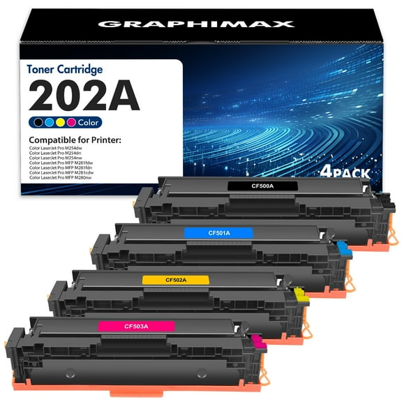 GraphiMax 202A Toner Cartridges Compatible for HP 202A 202X CF500A CF500X Color LaserJet Pro MFP M281fdw M281cdw M254dw M281fdn M281 M254 Printer Ink (Black Cyan Yellow Magenta, 4-Pack)