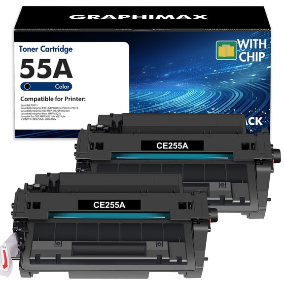 GraphiMax 55A Toner Cartridges 2 Pack Compatible for 55A CE255A for LaserJet Enterprise 500 MFP M525 Series Laser Enterprise P3015 Series Laser Pro MFP M521 Series Printer ( Black)