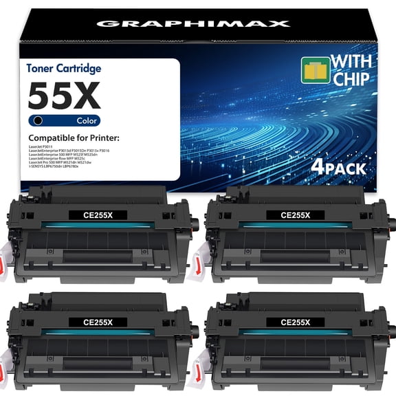 GraphiMax 55X CE255X Toner Cartridge Compatible for 55X 55A CE255X CE255A Toner Cartridge P3015 P3015d P3015n Pro MFP M521dn M521dw Printer 4-PACK