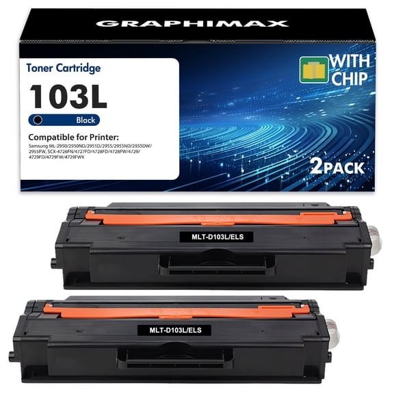 MLT-D103L D103S Black Toner Cartridge Compatible for Samsung ML-2951ND ML-2951D ML-2950ND ML-2955ND ML-2955DW SCX-4728FD SCX-4729FW SCX-4729FD Printers (2-Pack)