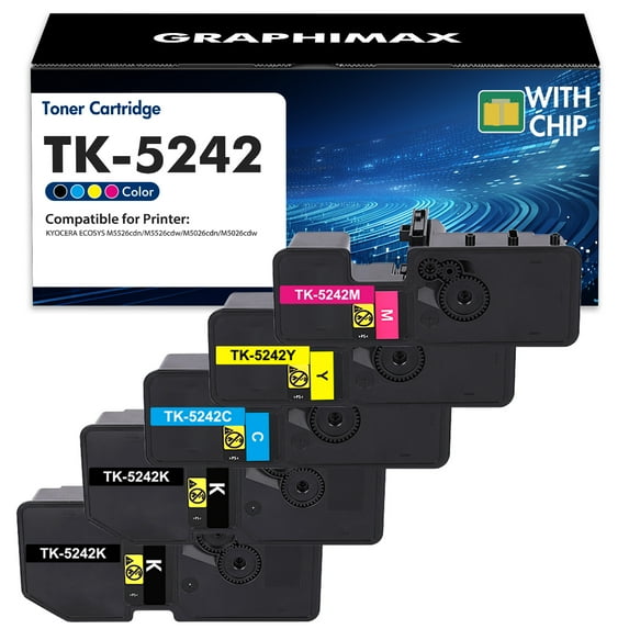 GraphiMax TK-5242 Toner Cartridge 5-Pack Compatible for Kyocera TK5242 1T02R70US0 ECOSYS M5526cdn M5526cdw M5026cdn M5026cdw(Black,Cyan,Magenta,Yellow)