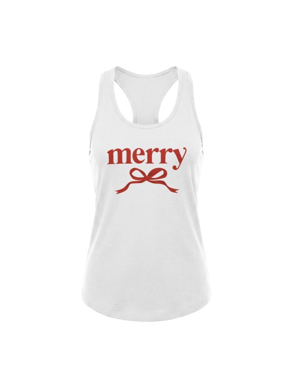 Christmas Junior's Merry Red Bow Simple Tank Top - White - Large