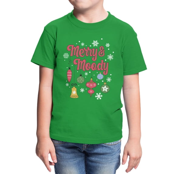 Graphic Apparel Christmas Youth Merry Moody Ornaments And Snowflakes T-Shirt - Irish Green - Large