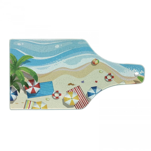 Graphic Beach Cutting Board, Aerial View Cartoon of Summer Holiday Fun with Parasols and Towels with Ocean, Decorative Tempered Glass Cutting and Serving Board, in 3 Sizes, by Ambesonne