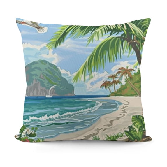 Graphic Beach Decorative Throw Pillow Case Seaside Landscape with Flying Seagulls Tropical Trees and Rippling Ocean, Cushion Cover for Couch Living Room Car, Multicolor