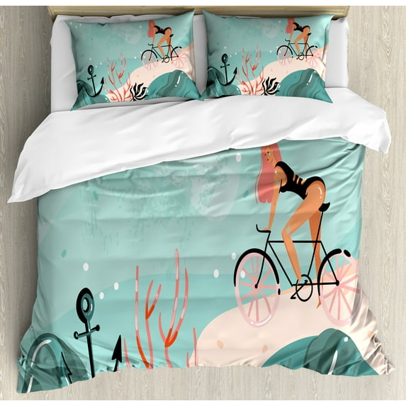 Graphic Beach Duvet Cover Set, Abstract Summer Marine Cartoon Woman Cycling Underwater, Decorative 3 Piece Bedding Set with 2 Pillow Shams, King Size, Coral Pale Blue, by Ambesonne