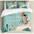 thumbnail image 1 of Graphic Beach Duvet Cover Set, Abstract Summer Marine Cartoon Woman Cycling Underwater, Decorative 3 Piece Bedding Set with 2 Pillow Shams, Queen Size, Coral Pale Blue, by Ambesonne, 1 of 3