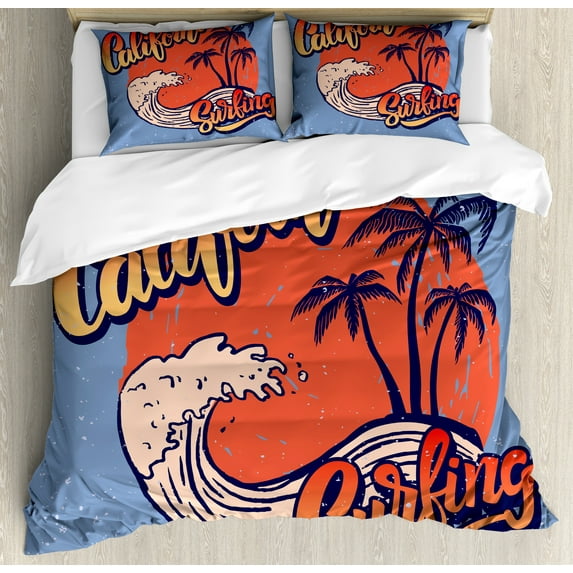Graphic Beach Duvet Cover Set, Grunge California Surfing with Waves and Palms, Decorative 3 Piece Bedding Set with 2 Pillow Shams, Calking Size, Ceil Blue Burnt Sienna, by Ambesonne