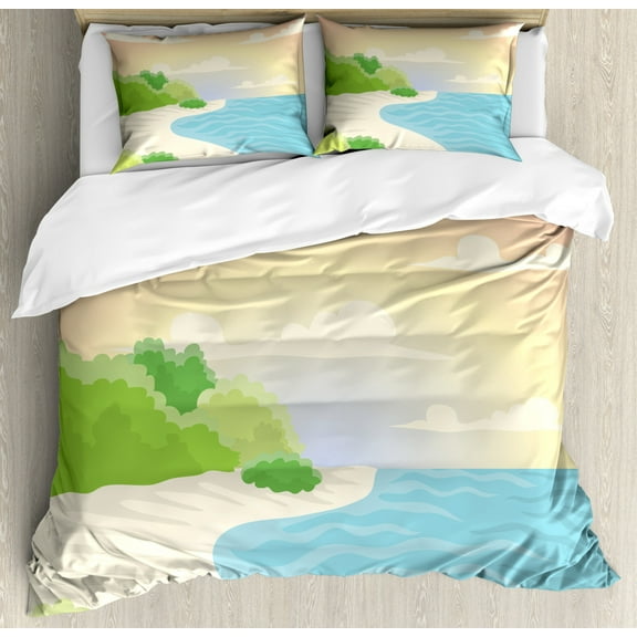 Graphic Beach Duvet Cover Set King Size, Creative Pastel Composition with Landscape of Ocean Bay Tree and Sky, Decorative 3 Piece Bedding Set with 2 Pillow Shams, Multicolor, by Ambesonne
