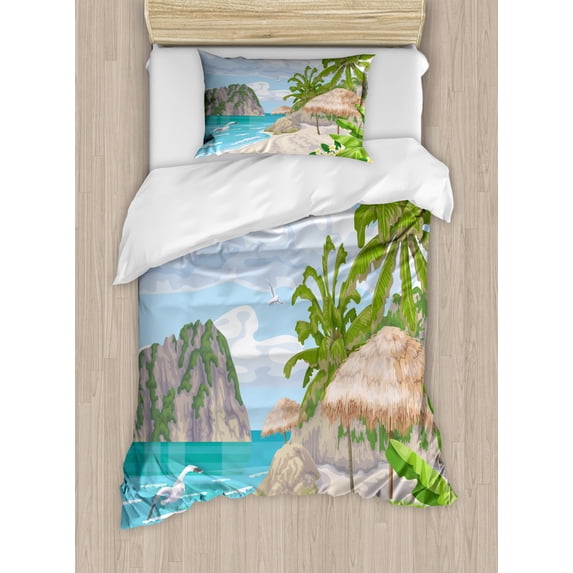 Graphic Beach Duvet Cover Set Twin Size, Seaside Landscape with Flying Seagulls Tropical Trees and Rippling Ocean, Decorative 2 Piece Bedding Set with 1 Pillow Sham, Multicolor, by Ambesonne