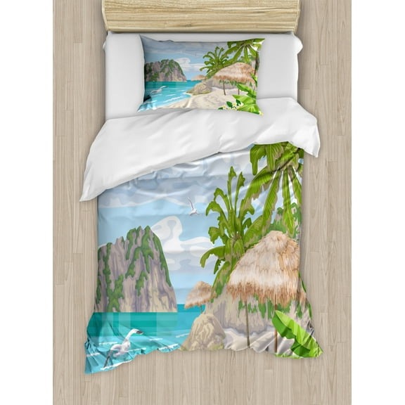 Graphic Beach Duvet Cover Set Twin Size, Seaside Landscape with Flying Seagulls Tropical Trees and Rippling Ocean, Decorative 2 Piece Bedding Set with 1 Pillow Sham, Multicolor, by Ambesonne