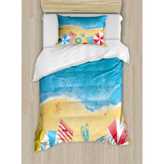 Graphic Beach Duvet Cover Set Twin Size, Summer Fun Bay from Above Vista Illustration with Towels Parasols, Decorative 2 Piece Bedding Set with 1 Pillow Sham, Sky Blue Multicolor, by Ambesonne