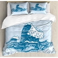 thumbnail image 1 of Graphic Beach Duvet Cover Set, Vintage Engraved Hand Drawn Art Nautical Waves, Decorative 3 Piece Bedding Set with 2 Pillow Shams, Queen Size, Blue Dark Turquoise, by Ambesonne, 1 of 3