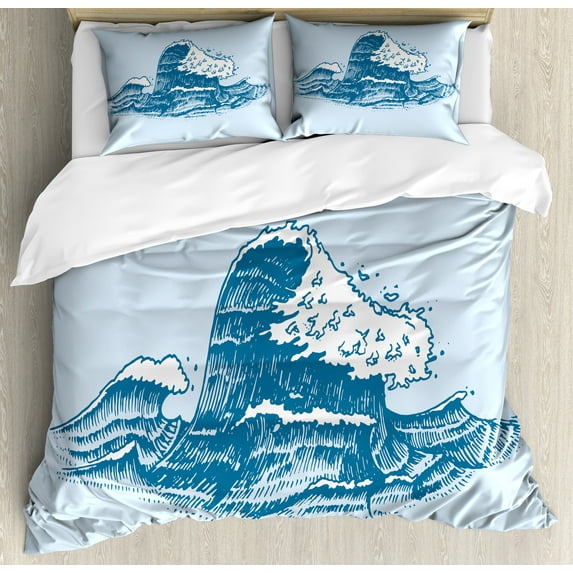 Graphic Beach Duvet Cover Set, Vintage Engraved Hand Drawn Art Nautical Waves, Decorative 3 Piece Bedding Set with 2 Pillow Shams, Queen Size, Blue Dark Turquoise, by Ambesonne
