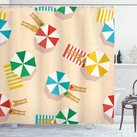 Graphic Beach Shower Curtain, Summer Pattern with Repetitive Colorful Parasols Towels and Legs, Fabric Bathroom Set with Hooks, 69W X 84L Inches Extra Long, Beige Multicolor, by Ambesonne