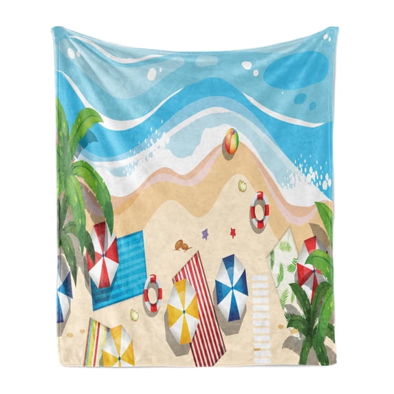 Graphic Beach Soft Flannel Fleece Blanket, Aerial View Cartoon of Summer Holiday Fun with Parasols and Towels with Ocean, Cozy Plush for Indoor and Outdoor Use, 50" x 60", Multicolor, by Ambesonne