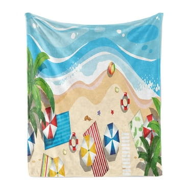 Graphic Beach Soft Flannel Fleece Blanket, Aerial View Cartoon of Summer Holiday Fun with Parasols and Towels with Ocean, Cozy Plush for Indoor and Outdoor Use, 50" x 70", Multicolor, by Ambesonne