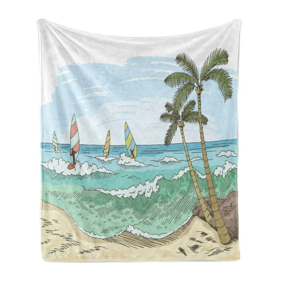 Graphic Beach Soft Flannel Fleece Blanket, Colorful Summer Sports Sketch of Windsurfing on Waves Exotic Palm Tree Coast, Cozy Plush for Indoor and Outdoor Use, 50" x 60", Multicolor, by Ambesonne