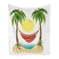 thumbnail image 1 of Graphic Beach Soft Flannel Fleece Blanket, Holiday Leisure Cartoon with Calming Hammock Between Palm Trees Tropic Island, Cozy Plush for Indoor and Outdoor Use, 70" x 90", Multicolor, by Ambesonne, 1 of 5