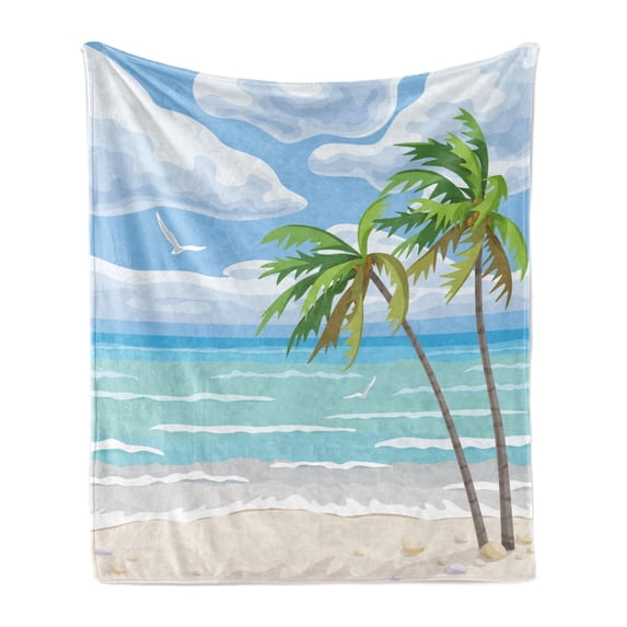 Graphic Beach Soft Flannel Fleece Blanket, Summer Coast in the Wind with Palm Trees Cloudy Sky and Flying Seagull Image, Cozy Plush for Indoor and Outdoor Use, 50" x 70", Multicolor, by Ambesonne