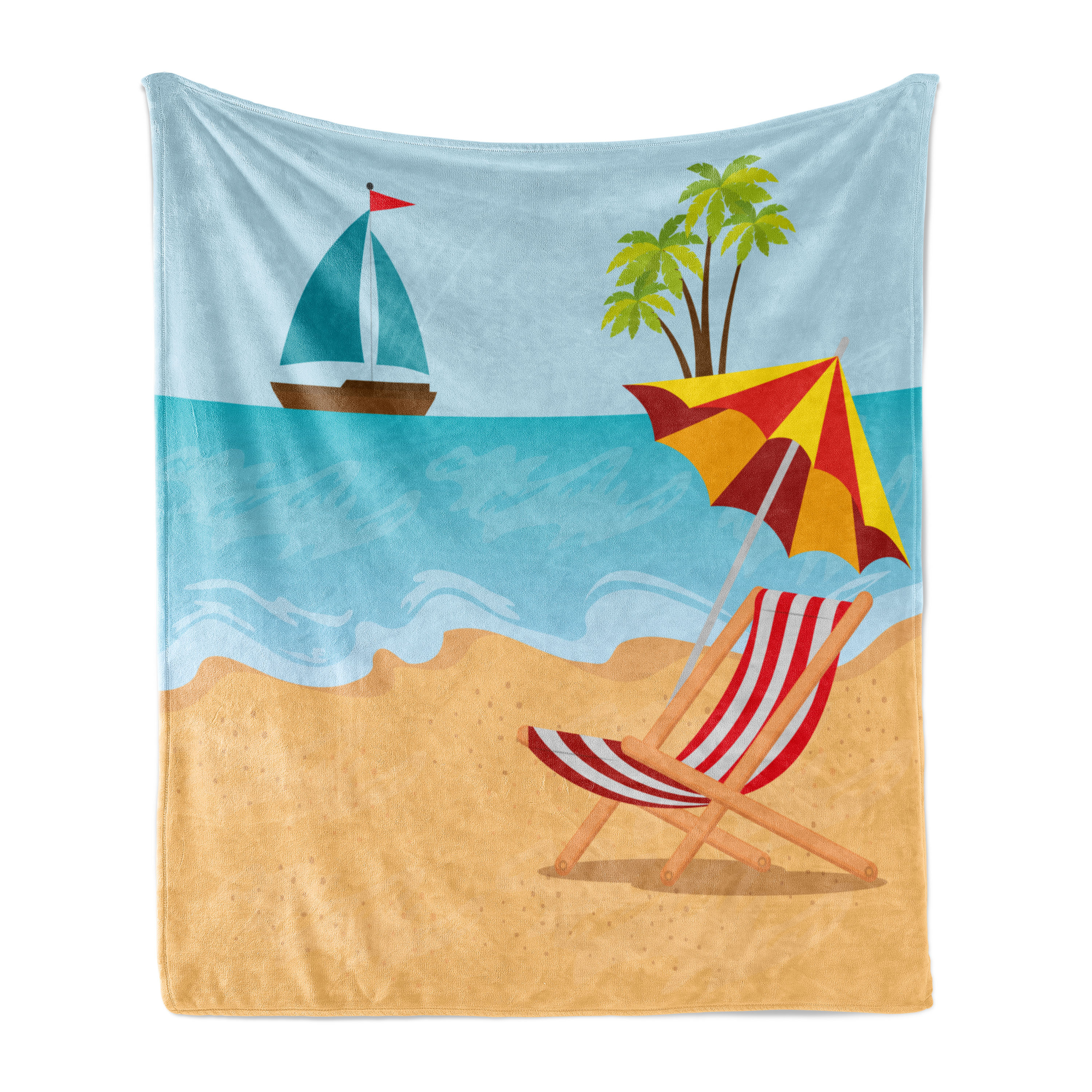 Graphic Beach Soft Flannel Fleece Blanket, Summer Leisure Scene at Coast Ocean Sailboat Parasol and Chair Cartoon Style, Cozy Plush for Indoor and Outdoor Use, 50" x 60", Multicolor, by Ambesonne - image 1 of 5