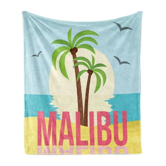 Graphic Beach Soft Flannel Fleece Blanket, Summer Malibu Typography on Sunset Seascape and Palm Trees Colorful Cartoon, Cozy Plush for Indoor and Outdoor Use, 50" x 70", Multicolor, by Ambesonne