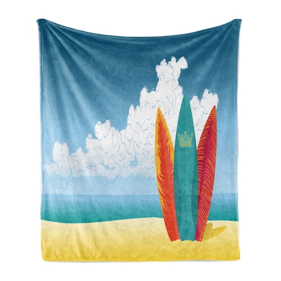 Graphic Beach Soft Flannel Fleece Blanket, Summer Water Sports Illustration of Surfboards on Sandy Coast and Ocean Print, Cozy Plush for Indoor and Outdoor Use, 60" x 80", Multicolor, by Ambesonne