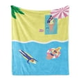 thumbnail image 1 of Graphic Beach Soft Flannel Fleece Throw Blanket, Above Vista Cartoon of Summer Holiday People on Towel Float and Surfboard, Cozy Plush for Indoor and Outdoor Use, 60" x 80", Multicolor, by Ambesonne, 1 of 5