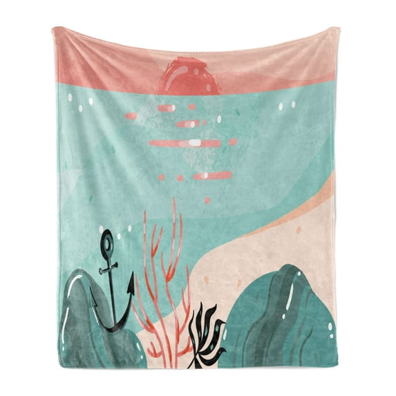 Graphic Beach Soft Flannel Fleece Throw Blanket, Abstract Underwater Cartoon Coral and Anchors, Cozy Plush for Indoor and Outdoor Use, 50" x 70", Coral Seafoam, by Ambesonne