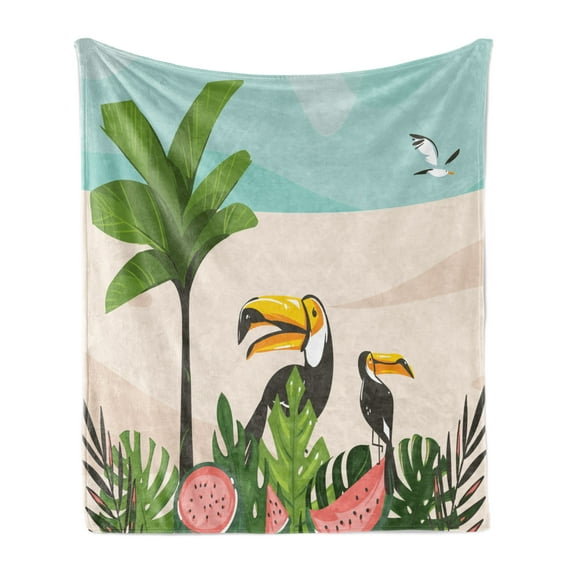 Graphic Beach Soft Flannel Fleece Throw Blanket, Cartoon Illustration with Watermelons Toucans Leaves Palm Tree and Seagull, Cozy Plush for Indoor and Outdoor Use, 60" x 80", Multicolor, by Ambesonne