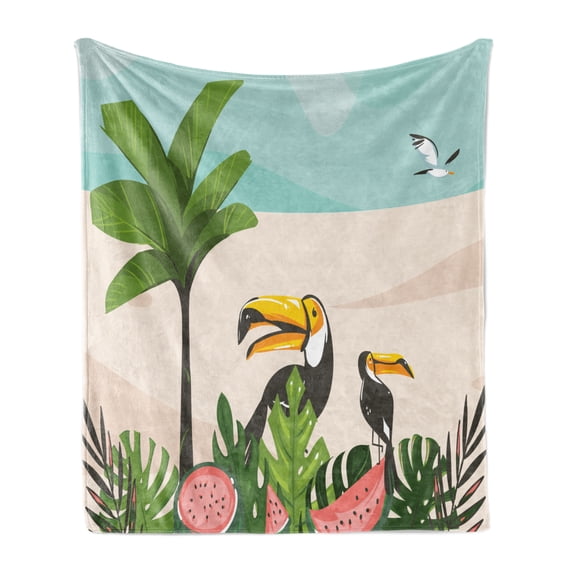 Graphic Beach Soft Flannel Fleece Throw Blanket, Cartoon Illustration with Watermelons Toucans Leaves Palm Tree and Seagull, Cozy Plush for Indoor and Outdoor Use, 70" x 90", Multicolor, by Ambesonne