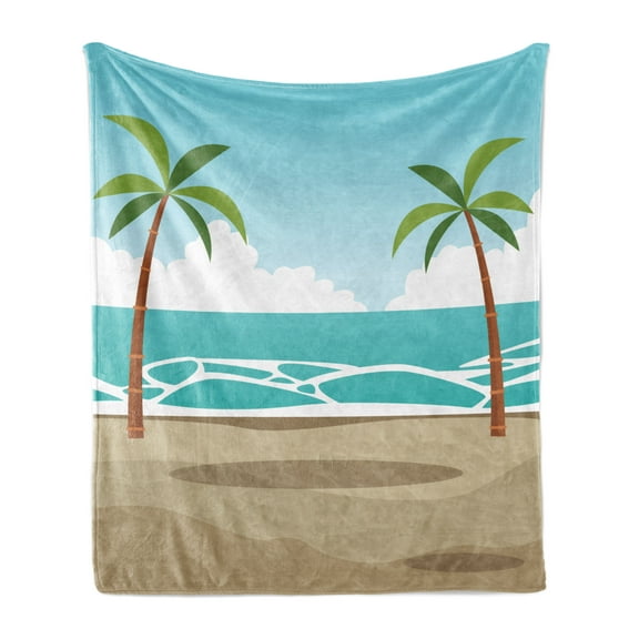 Graphic Beach Soft Flannel Fleece Throw Blanket, Cartoon Seascape with Ocean and Palm Trees Summer Leisure Image, Cozy Plush for Indoor and Outdoor Use, 60" x 80", Multicolor, by Ambesonne