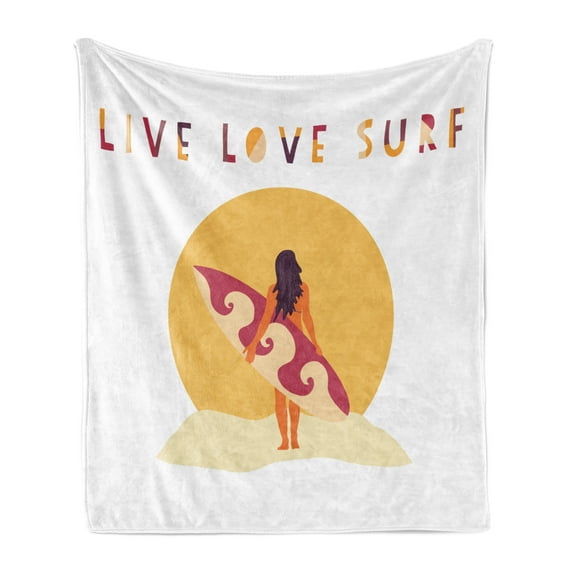 Graphic Beach Soft Flannel Fleece Throw Blanket, Live Love Surf Text and Girl with Surfboard, Cozy Plush for Indoor and Outdoor Use, 50" x 70", Earth Yellow Beige, by Ambesonne