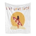 thumbnail image 1 of Graphic Beach Soft Flannel Fleece Throw Blanket, Live Love Surf Text and Girl with Surfboard, Cozy Plush for Indoor and Outdoor Use, 60" x 80", Earth Yellow Beige, by Ambesonne, 1 of 5