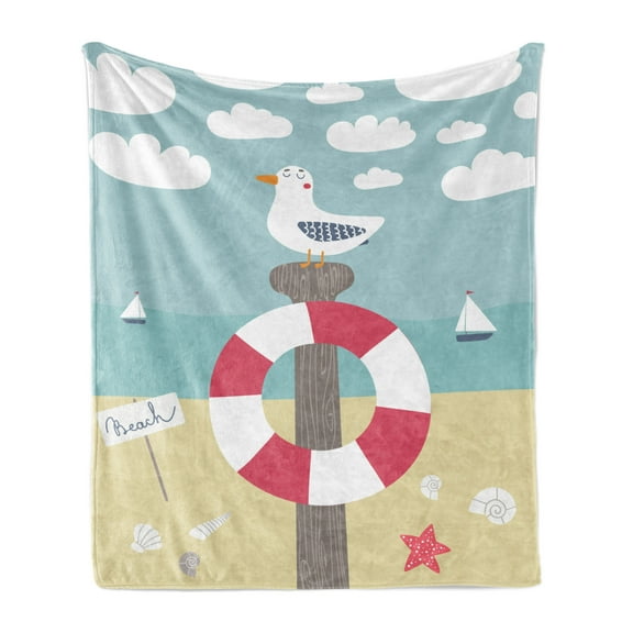 Graphic Beach Soft Flannel Fleece Throw Blanket, Nautical Cartoon Ocean with Sailboats Seagull Sitting on a Pole with, Cozy Plush for Indoor and Outdoor Use, 50" x 60", Multicolor, by Ambesonne
