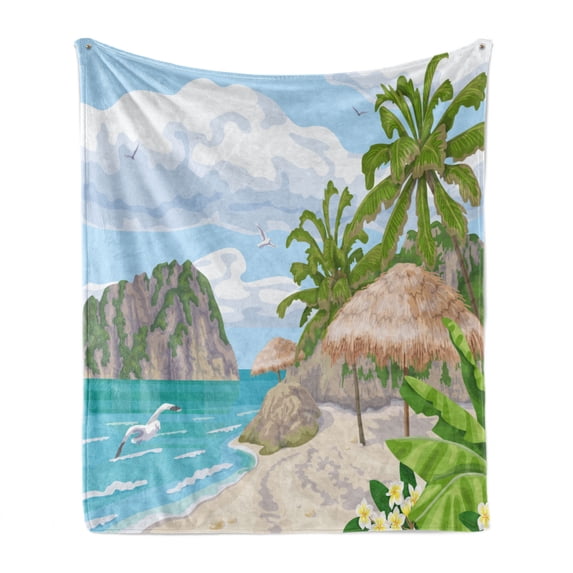 Graphic Beach Soft Flannel Fleece Throw Blanket, Seaside Landscape with Flying Seagulls Tropical Trees and Rippling Ocean, Cozy Plush for Indoor and Outdoor Use, 70" x 90", Multicolor, by Ambesonne