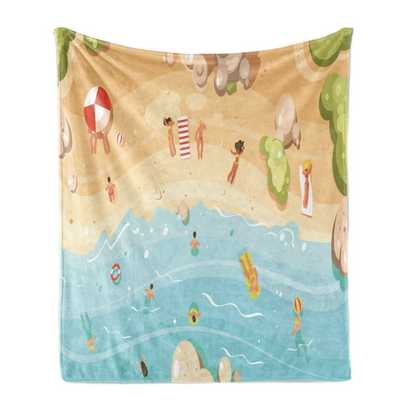Graphic Beach Soft Flannel Fleece Throw Blanket, Summer Aerial View Cartoon Coast People Having Fun at Sea and Shore, Cozy Plush for Indoor and Outdoor Use, 50" x 70", Multicolor, by Ambesonne