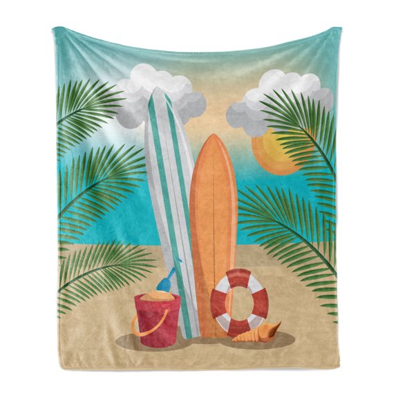 Graphic Beach Soft Flannel Fleece Throw Blanket, Summer Holiday Fun Cartoon with Surf Broads Sand Bucket and Shell, Cozy Plush for Indoor and Outdoor Use, 60" x 80", Multicolor, by Ambesonne