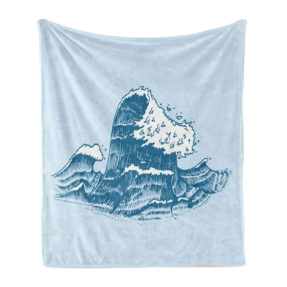 Graphic Beach Soft Flannel Fleece Throw Blanket, Vintage Engraved Hand Drawn Art Nautical Waves, Cozy Plush for Indoor and Outdoor Use, 50" x 70", Blue Dark Turquoise, by Ambesonne