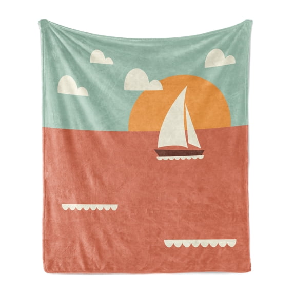 Graphic Beach Soft Flannel Fleece Throw Blanket, Vintage Nautical Art Sailboat and Dawning Sun, Cozy Plush for Indoor and Outdoor Use, 60" x 80", Coral Seafoam, by Ambesonne