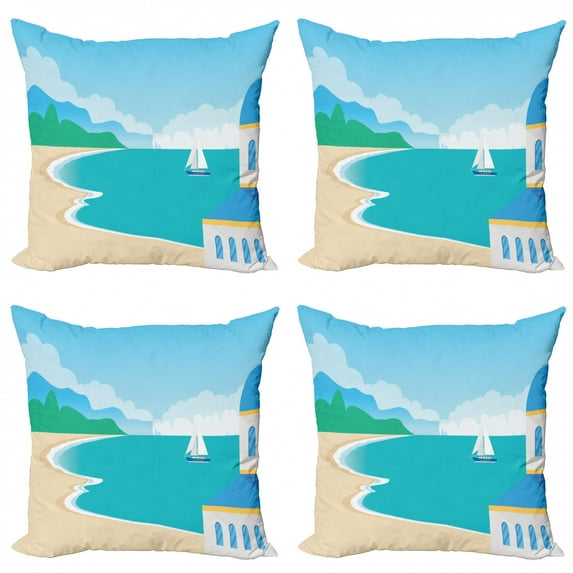 Graphic Beach Throw Pillow Cushion Case Pack of 4, Calm Seascape Illustration of Bay Building and Sailboat in Cartoon Design, Modern Accent Double-Sided Print, 4 Sizes, Multicolor, by Ambesonne