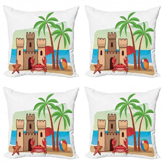 Graphic Beach Throw Pillow Cushion Case Pack of 4, Summer Fun Cartoon with Sand Castle Crab Ball Palm Trees and Starfish, Modern Accent Double-Sided Print, 4 Sizes, Multicolor, by Ambesonne